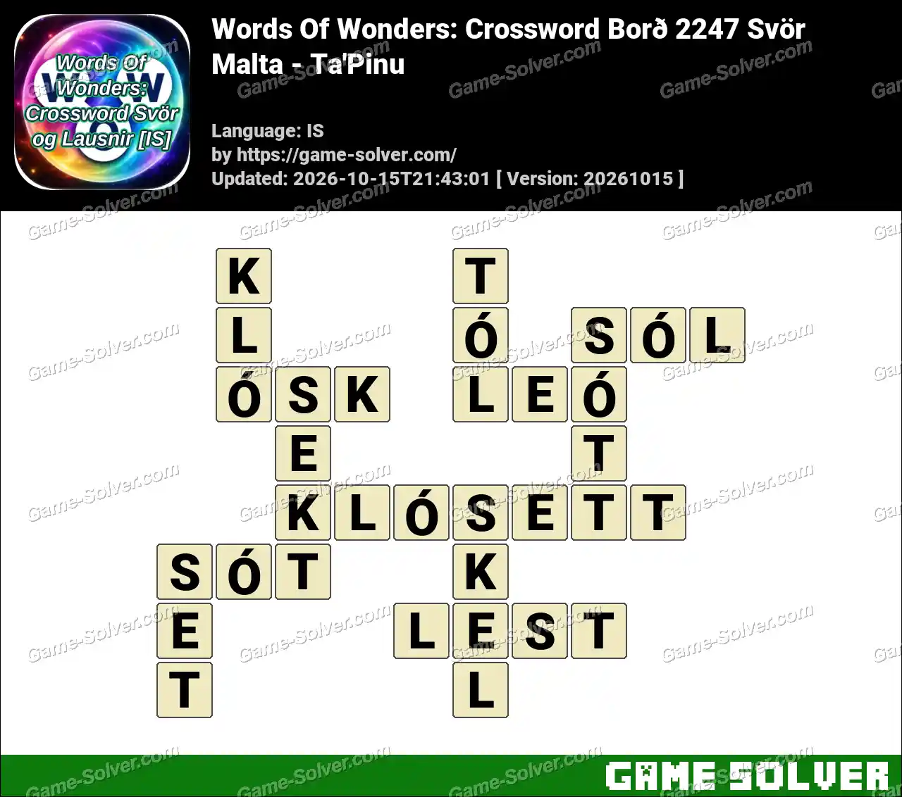 Words Of Wonders: Crossword Borð 2247 Svör – Malta – Ta’Pinu